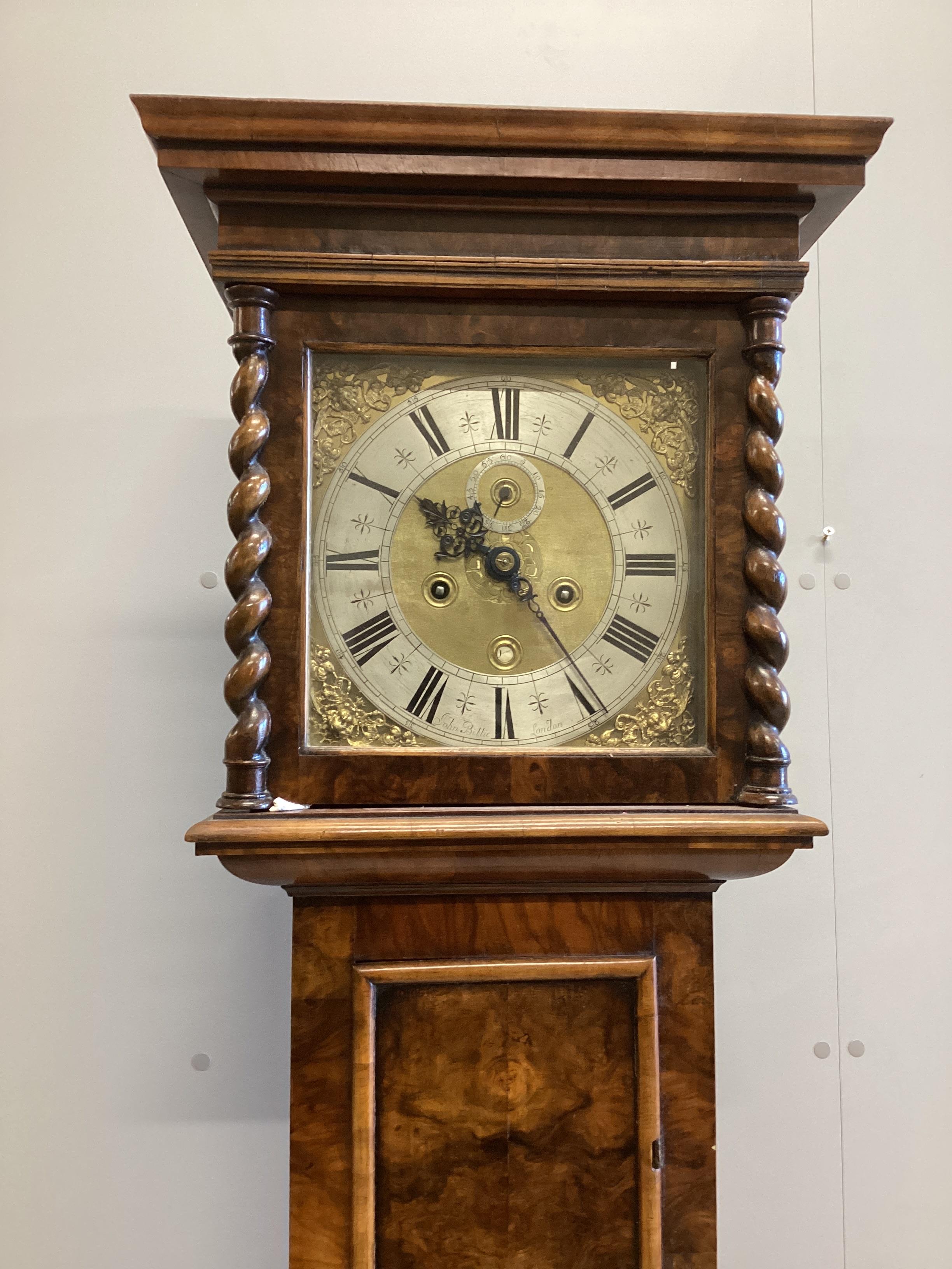 John Billie, London. An 18th century eight day 11 inch longcase clock dial, with subsidiary seconds and date aperture, later figured walnut case, height 201cm.